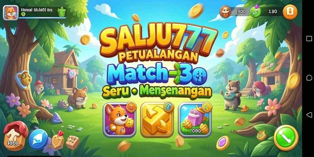 Screenshot gameplay SALJU777 menampilkan aksi Match-3 yang seru dan penuh warna.