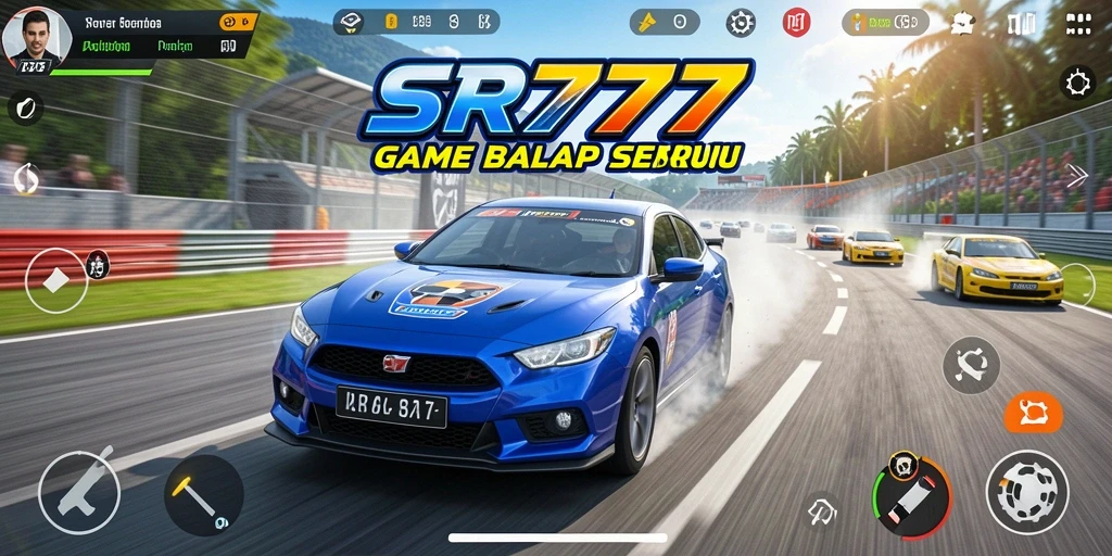 Screenshot gameplay SR777 menampilkan aksi balapan yang mendebarkan dan mobil yang tercepat.